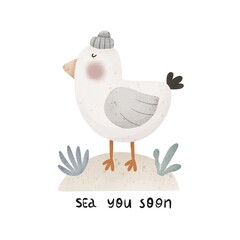 cartoon gull, hand drawn lettering, decor elements. Colorful illustration, flat style. hand drawing. baby design for cards, poster decoration, t-shirt print