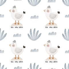 seamless pattern with cartoon gull, decor elements. colorful illustration, flat style. design for fabric, textile, print, wrapper.