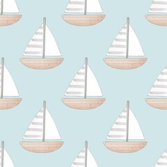 seamless pattern with cartoon ships, decor elements. Colorful illustration flat style for kids. hand drawing. baby design for fabric, print, wrapper, textile