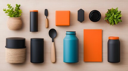 Obraz premium Assortment of Unique Cardboard Wicker and Metal Storage Containers Artfully Arranged in a Flatlay on a Wooden Table Showcasing a Minimalist Mid Century Modern Home Organization Concept
