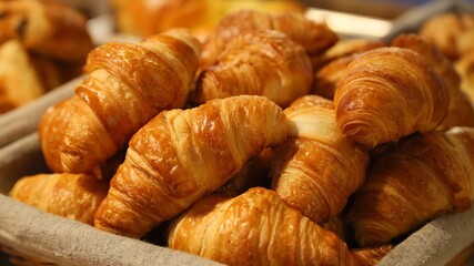 Freshly baked golden croissants in a rustic basket – delicious French pastries perfect for breakfast, cafés, or bakery branding