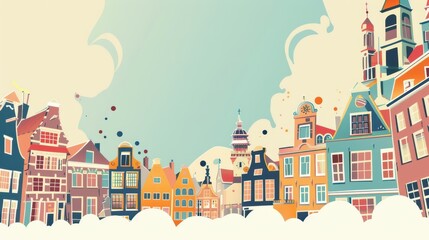 Festive celebration of koningsdag in the netherlands with colorful dutch architecture. Horizontal banner. Copy space. King's Day. Postcard from Netherlands. Flat illustration