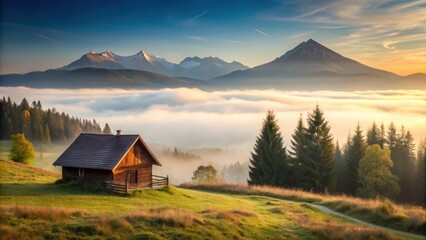 Obraz premium Serene Sunrise Over Misty Mountain Valley with Rustic Cabin