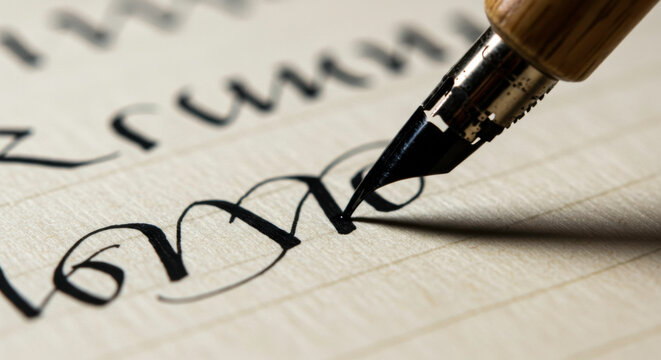Close-up of a fountain pen writing elegant cursive calligraphy on textured paper
