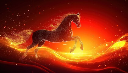 Year of the Horse Fiery Glow Illustration Leaping on Abstract Red Gold