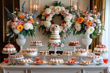 Stunning Birthday Celebration with Elegant Dessert Table, Floral Arrangements, and Drinks