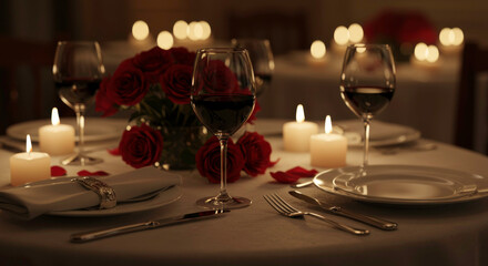Romantic dinner table set with red roses, candles, and wine glasses for an intimate evening setting
