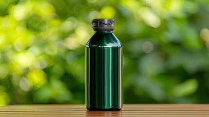 Refreshing green water bottle outdoor setting product photography nature background close-up view eco-friendly concept