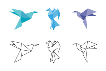 Geometric Origami Birds Set with Colored and Outline Designs