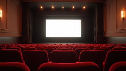 Empty Movie Theater with Red Seats and Blank Screen