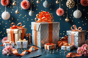 Elegant Luxurious Background with Chic Gifts and Ribbons for Celebrations