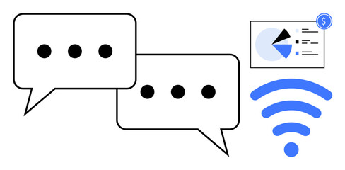 Speech bubbles, wireless signal, and chart with financial icon indicate communication, internet access, and data analysis. Ideal for networking, remote work, connectivity, finance teamwork