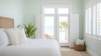 Fototapeta premium A bedroom with a white bed and a window overlooking the ocean. The room is decorated with white pillows and a basket of items
