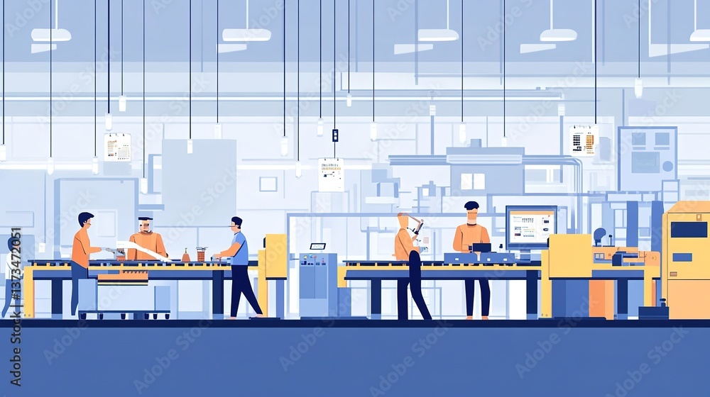 Poster a factory assembly line integrating industry 4.0 technology.