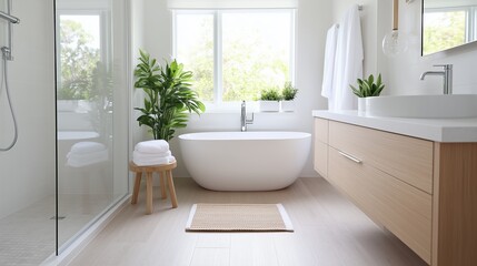 Fototapeta premium A bathroom with a bathtub, sink, and a plant. The bathroom is clean and well-lit, with a wooden vanity and a white sink. The plant adds a touch of nature to the space, creating a calming