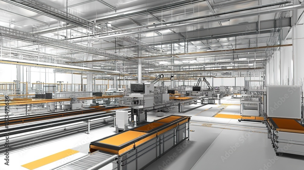 Poster a factory assembly line integrating industry 4.0 technology.