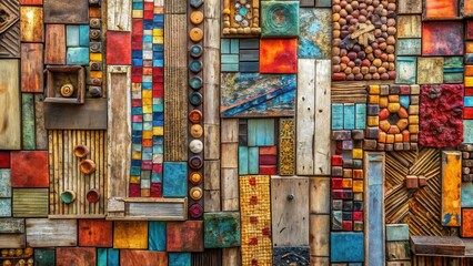 Intricate Colorful Wooden and Tile Mosaic Wall Art Featuring Varied Textures and Shapes