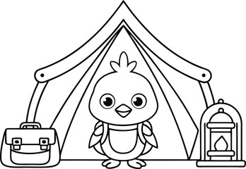 Cartoon Chick Outline with Tent, Lantern, and Satchel on Transparent Background