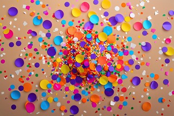 Overhead Angle of Bright Party Confetti Scattered on Light Tan Background