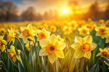 Fototapeta premium Golden Hour Daffodil Meadow A Vibrant Display of Springtime Blooms Basking in the Warm Glow of the Setting Sun