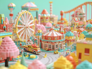 A colorful miniature amusement park built with blocks features a Ferris wheel and bright buildings.