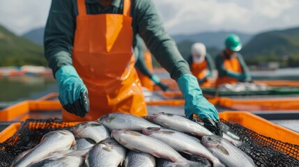 Fishing industry workers processing fresh fish in natural habitat aquaculture environment scenic viewpoint sustainable practices