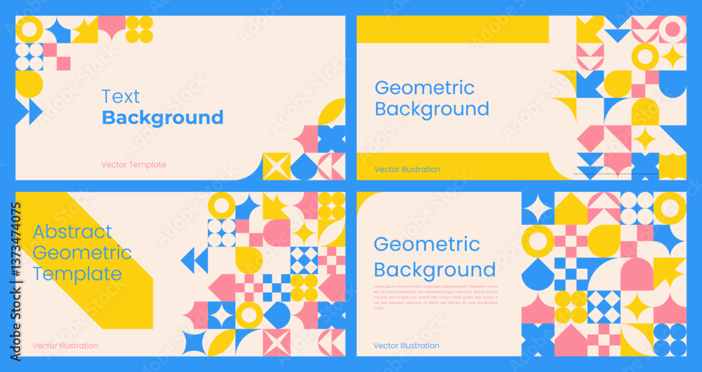 Aufkleber Geometric Abstract Designs set with copy space. Colorful Background of simple geometric shapes in swiss style for Banner, Flyer, Cards, Presentation, Website Design, Landing. Vector template.