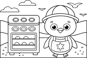 Cartoon Line Art of Chick in Hat Next to Oven with Transparent Background
