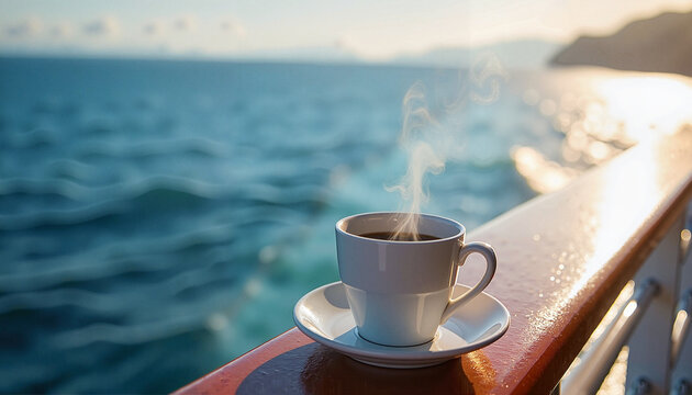 Coffee cup steaming by the ocean on a cruise ship  