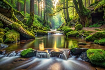 Serene Forest Stream with Moss Covered Rocks and Sunlight Filtering Through the Canopy