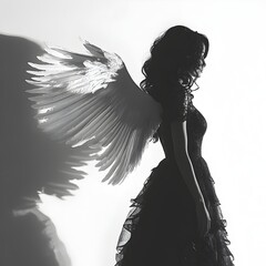 Fototapeta premium A young woman with large white angel wings stands in profile against a stark white background wea a black dress.