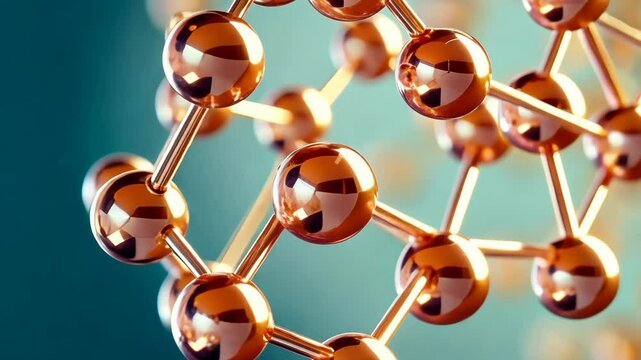 Close-up view of copper atoms exhibiting molecular structure in a scientific setting with vibrant background lighting
