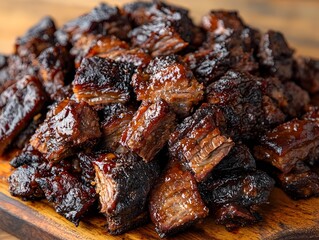 A delicious close-up shot of mouthwate barbecue burnt ends glistening with a rich, savory glaze on a rustic wooden board.