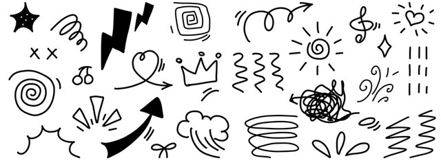 Hand drawn comic doodles. Line shape, Arrows, stars, hearts, and clouds, sparkle, sun, crown, spiral. Decoration symbol set graphic icon. vector design elements isolated on transparent background