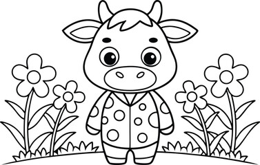 Adorable Outlined Cartoon Cow with Flowers on a Transparent Background