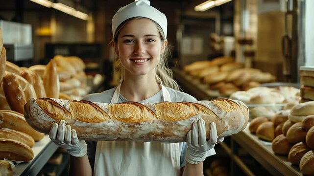 In a warm and inviting bakery, a skilled female baker proudly holds a long loaf of freshly baked French bread. The aroma of baked goods fills the air as she stands among a variety of breads.