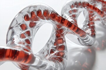 Fototapeta premium Intricate glass sculpture resembling a DNA strand with red accents, showcasing artistic biology design.