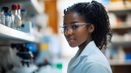 A young female scientist in a lab coat and safety glasses looks directly at the camera in a modern science laboratory setting.