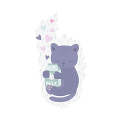 Happy pet cat is hugging a milk carton in a hand drawn cartoon illustration. Cute baby art in soft pastel colors with a funny little character in love with milk.