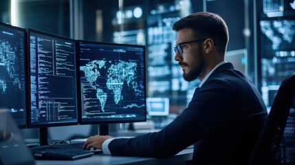 Cybersecurity analyst developing AI systems for real time cyber attack prevention, office with cybersecurity tools and data protection software, Cybersecurity style
