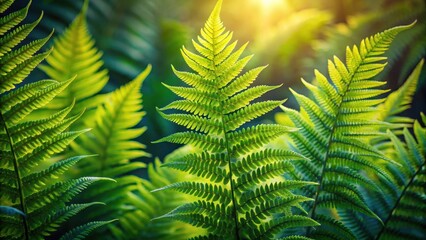 Fototapeta premium Lush Green Ferns Basking in Sunlight's Golden Embrace, a Vibrant Display of Nature's Beauty