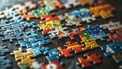 Vibrant puzzle pieces showcasing diverse flags on a wooden surface, emphasizing global unity.