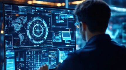 Cybersecurity engineer developing AI driven threat detection systems, tech office with security software and threat detection interfaces, Cybersecurity style