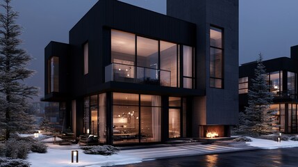 Obraz premium Modern Black House Exterior Night Winter Scene