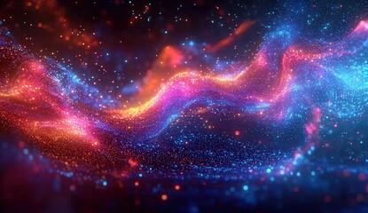 Vibrant cosmic wave of colorful particles glowing in space, forming a stunning celestial display of light and color.