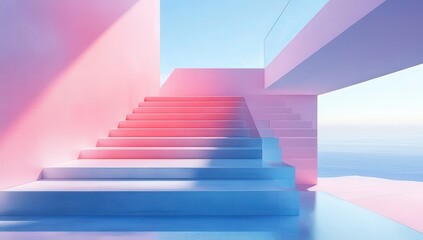 Obraz premium Pastel architectural stairs with ocean view create serene, modern ambiance in soft pink and blue hues.