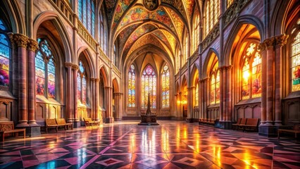 Naklejka premium Golden Sunlight Illuminates an Ornate Chapel Interior with Stained Glass Windows and Polished Stone Floor