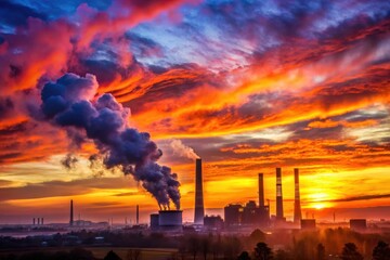 Fiery Sunset Hues Cast Shadows Over Industrial Complex, Plumes of Smoke Rising Against Vibrant Sky