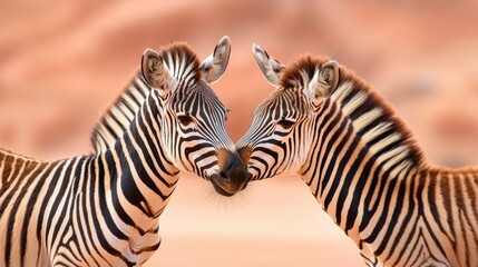 Fototapeta premium Zebra Two zebras nuzzling each other as a sign of affection in their natural habitat.