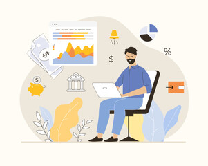 Virtual finance. Online banking and accounting analyzing. Online paying, financial transactions, accounting research. Flat vector illustration.